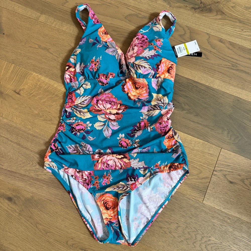 Jantzen Blue and Orange One Piece Swimsuit with Ruched Front